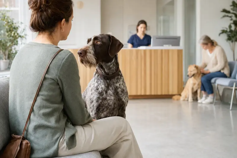 Ein Ariege-Vorstehhund sitzt neben seinem Besitzer in einem modernen Wartezimmer einer Tierarztpraxis.